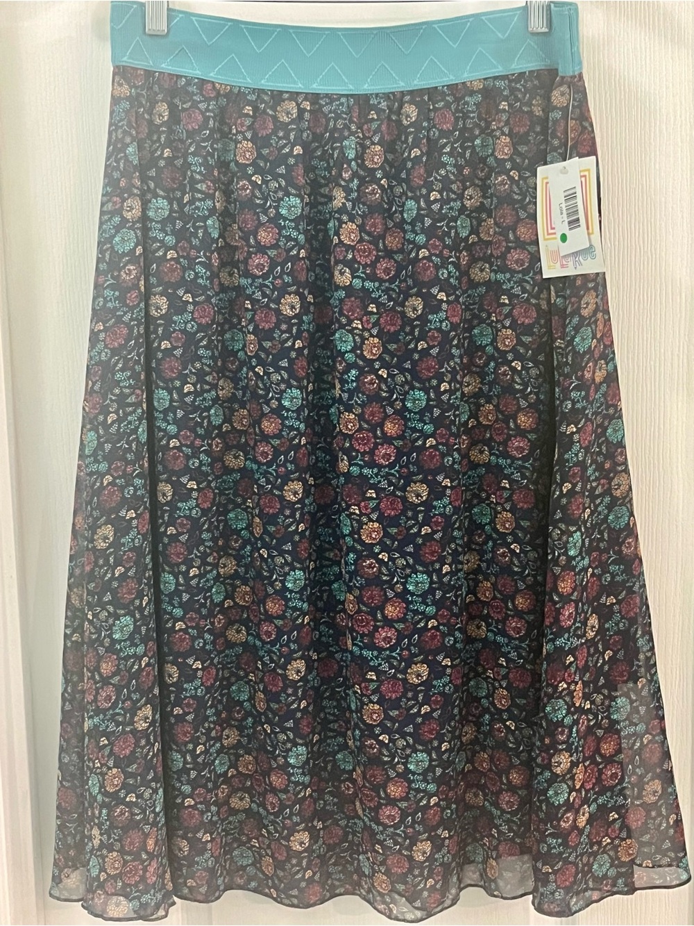 LuLaRoe Lola Skirt- Large. Floral Midi Skirt with Teal Waistband. Boho.